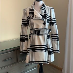 BCX Black & White Plaid Belted Pea Coat
